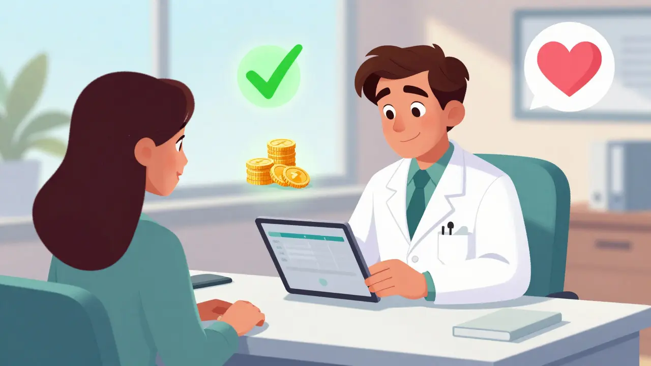 Pharmacist conducting medication review with employee in office