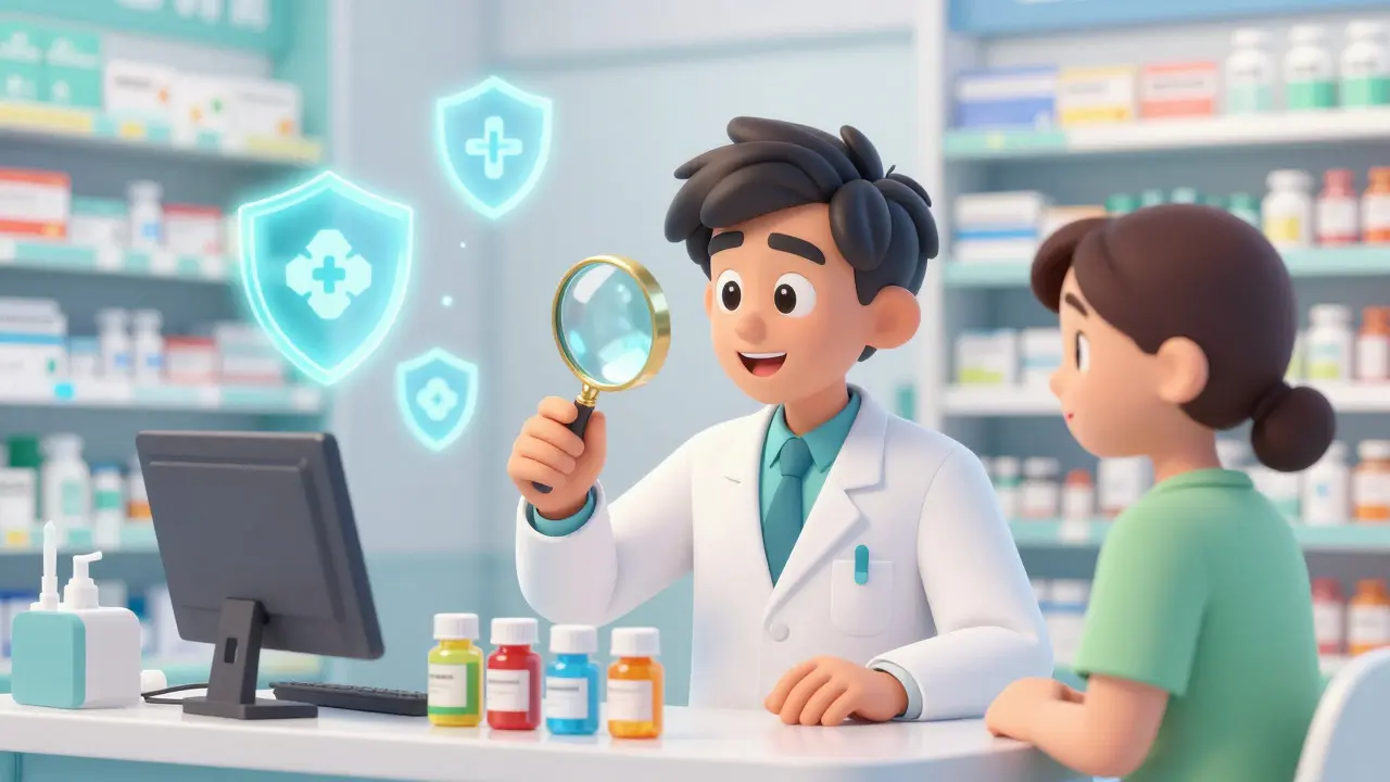 Pharmacist examining pill bottles with a patient in a bright clinic