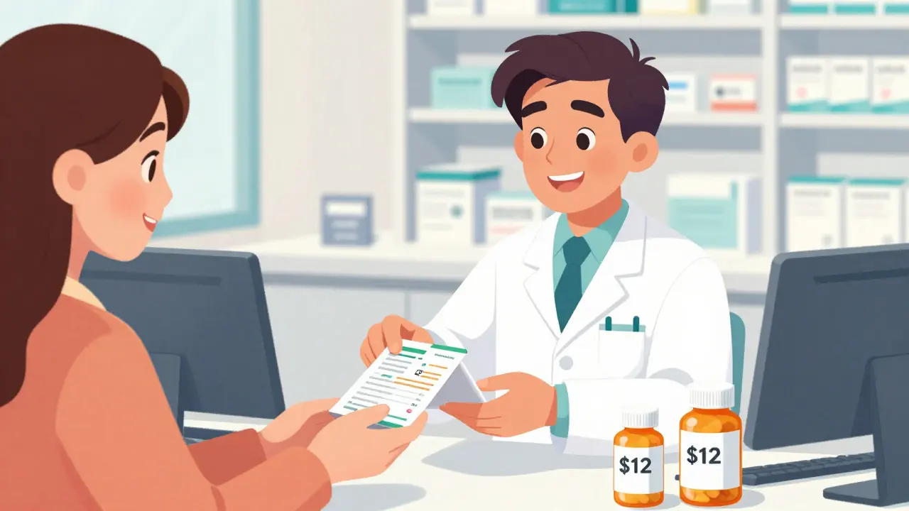 Pharmacist handing prescription bag with cost comparison