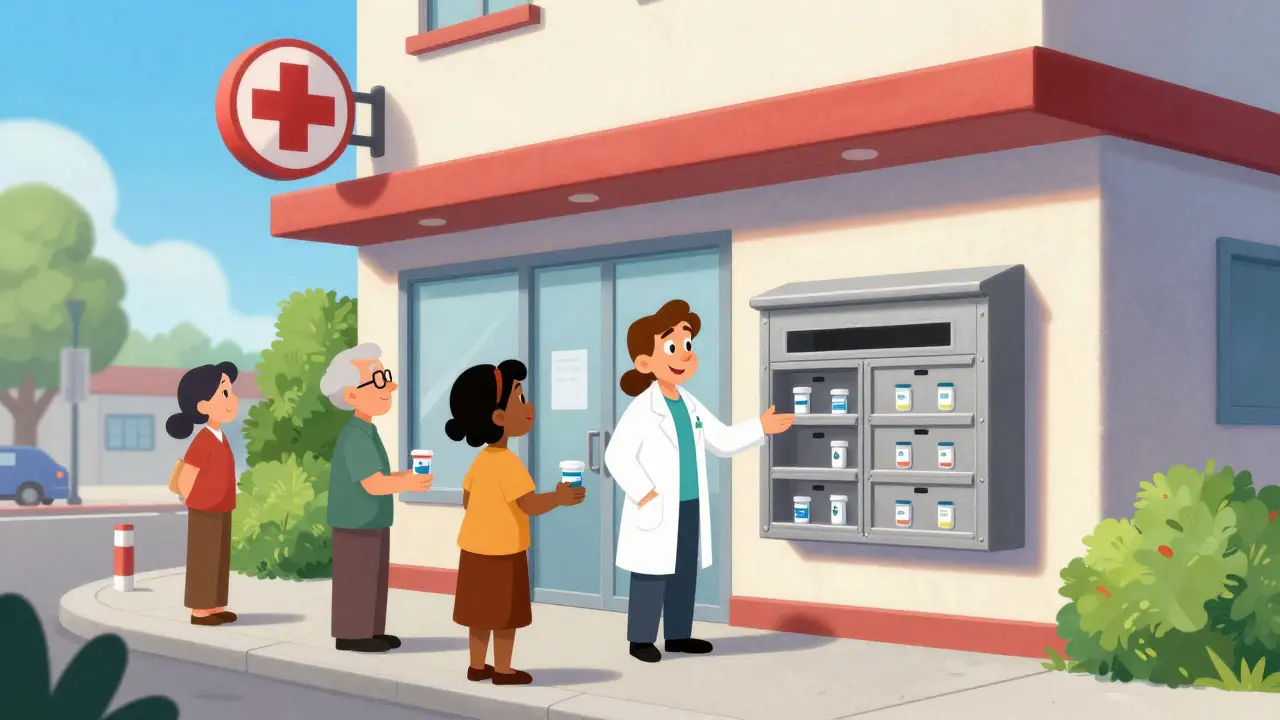 Pharmacist standing by a secure medication drop-box outside