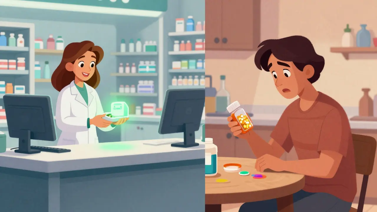 Pharmacy and home scene illustrating medication safety