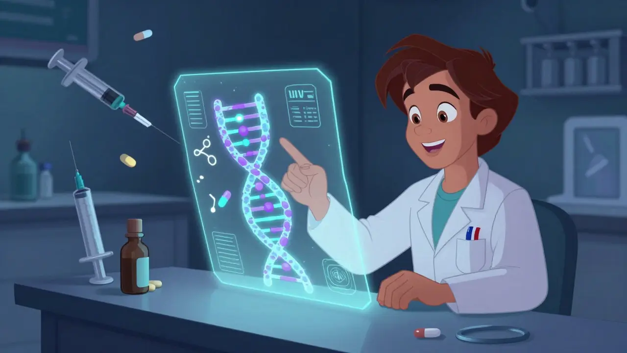 Scientist analyzing a glowing DNA and drug molecule hologram in a lab