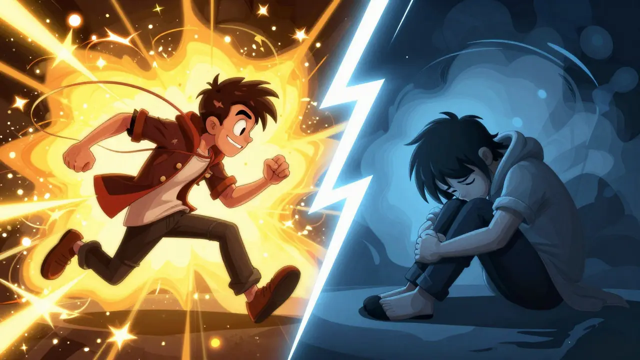 Split illustration showing manic energy vs depressive lows in bipolar disorder