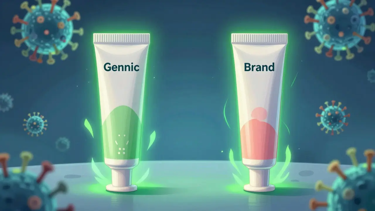 Two identical cream tubes glowing green to show equal effectiveness