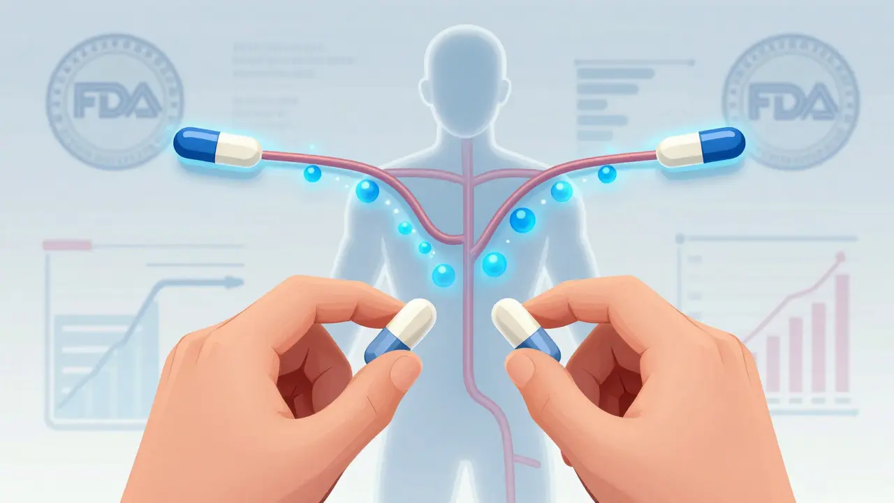 Visual metaphor showing identical drug absorption in body
