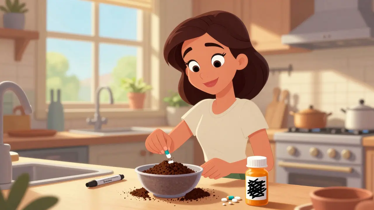 Woman mixing meds with coffee grounds and marking a bottle