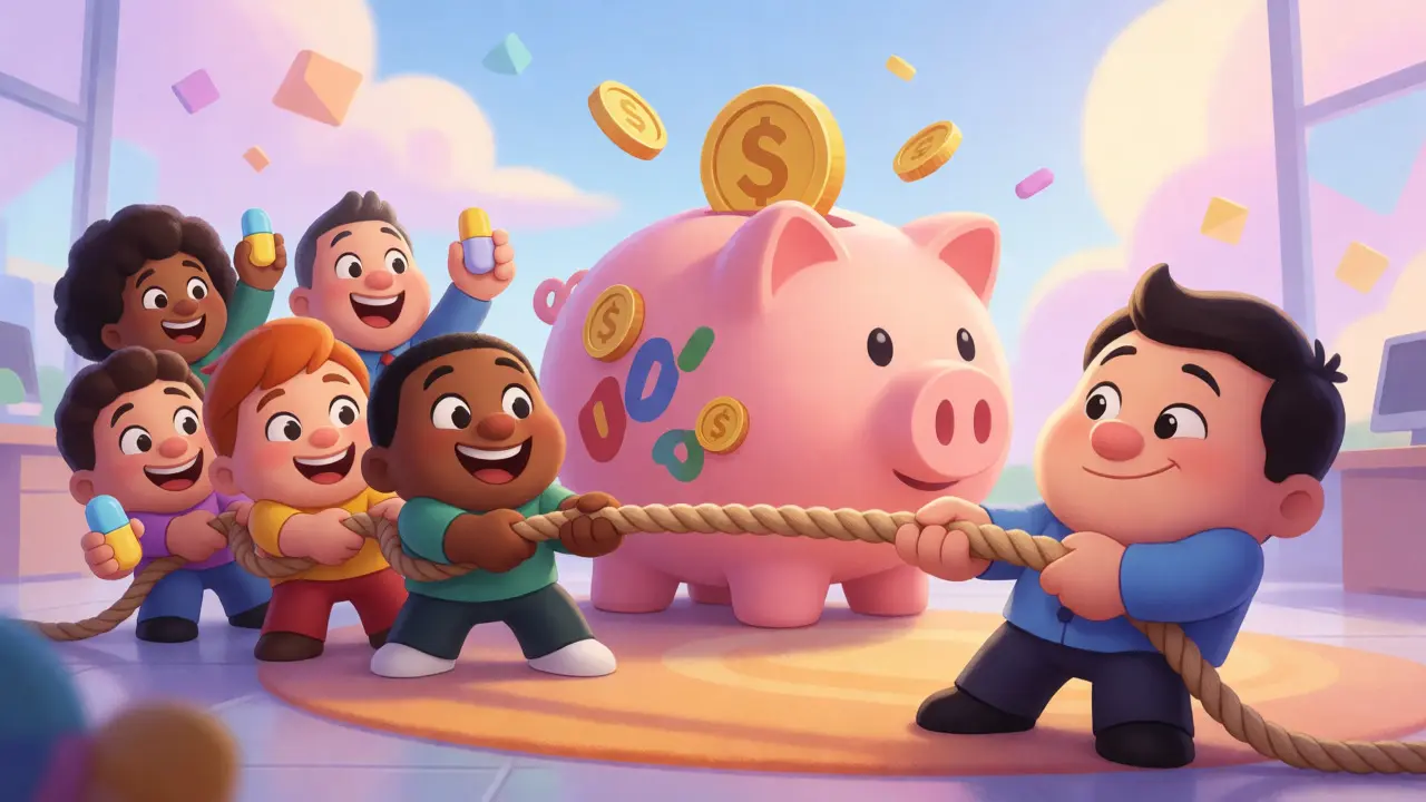 Cartoon characters playing tug-of-war over drug pricing
