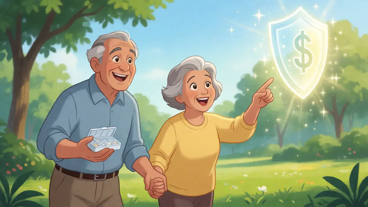 Happy seniors protected by financial shield in park
