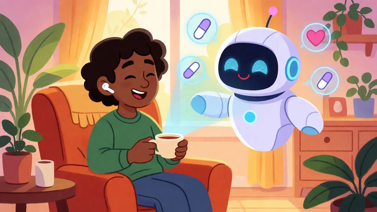 Patient at home listening to AI-generated medical summaries via earbuds.